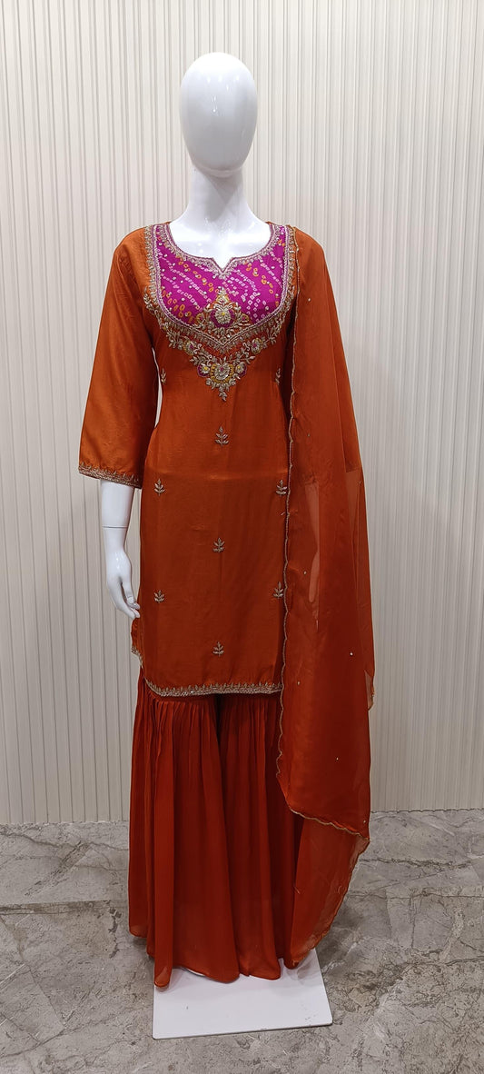 Pure Dola Silk Pearl Handwork Party Wear 3pc Set Bottom Chinon Garara Orange Color