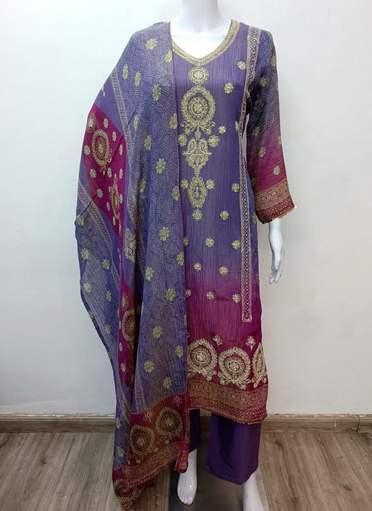 Pure Crush Tissue Pearl Handwork Party Wear C Cut 3pc Set Magenta Pink and Purple Color