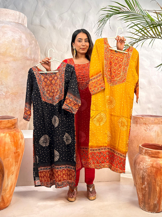 Pure HO Fabric Detailing Work Ajarak print 3pc Set Yellow Color