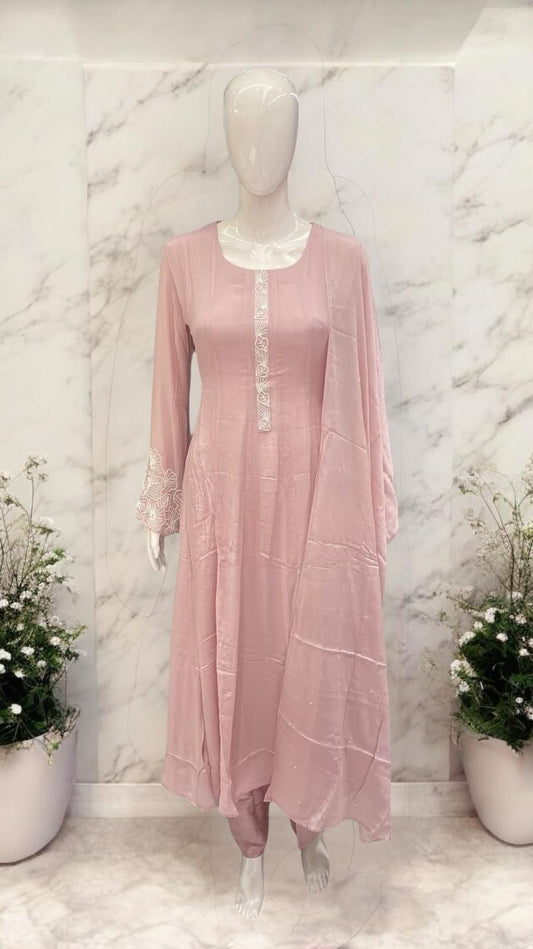 Pure Chinon Pearl Handwork Party Wear Anarkali 3pc Set Baby Pink Color