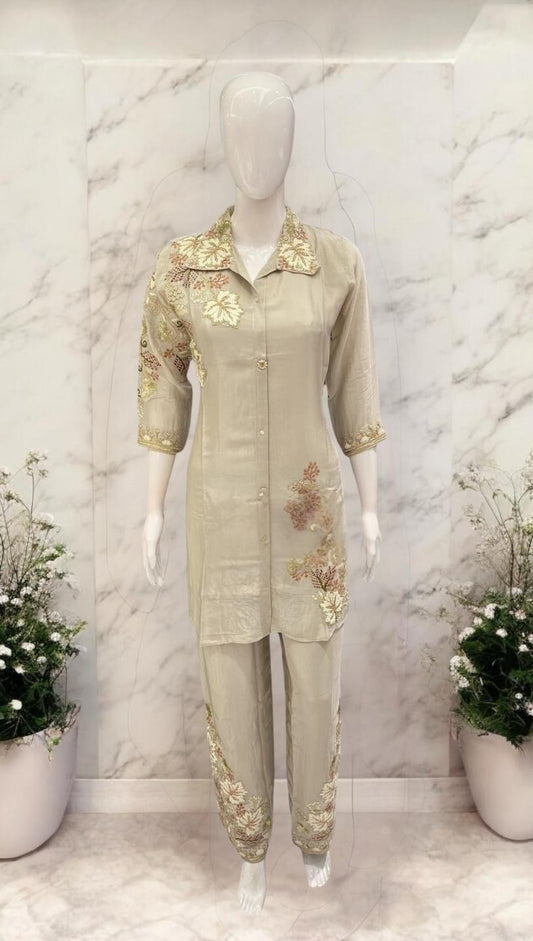Pure Chinon Culcatta Handwork Party Wear 2pc Set Off White Gray Color