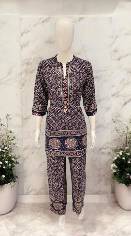 Pure Germon Rayon Ajarak Print 2pc Cordset Blue Color