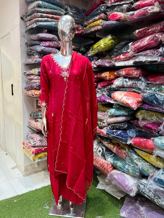 Pure Dola Silk Cutdana Handwork Party Wear 3pc Set Red Color