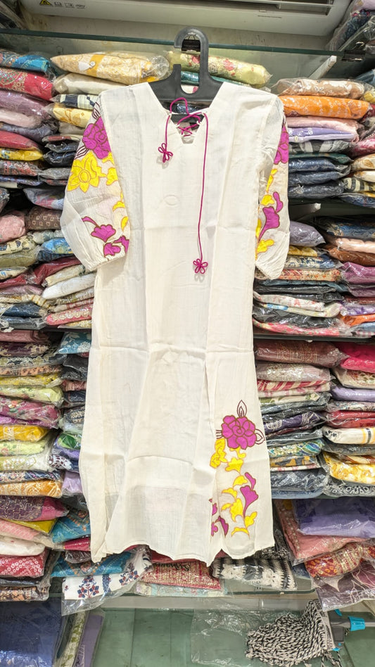 Pure Mull Chanderi Kurti White Color