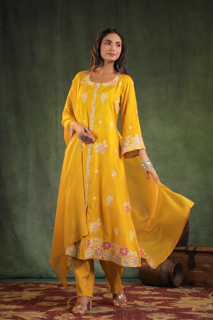 Pure Russian Silk Thread Work 3pc Set Viscoce Organza Duppta Yellow Color