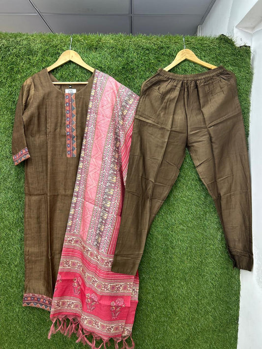 Pure katha Fabric 3pc Set Brown Color