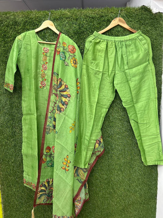 Pure katha Fabric Floral Print 3pc Set Light Green Color