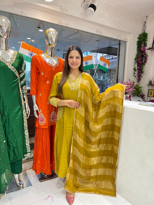 Pure Banaras Mull Chanderi Pearl Handwork Party Wear 3pc Set Mahendi Yellow Color