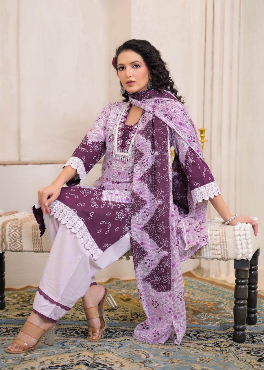 Pure Cotton Floral Print Tussle Work Party Wear Farsi Salwar 3pc Set Purple Color