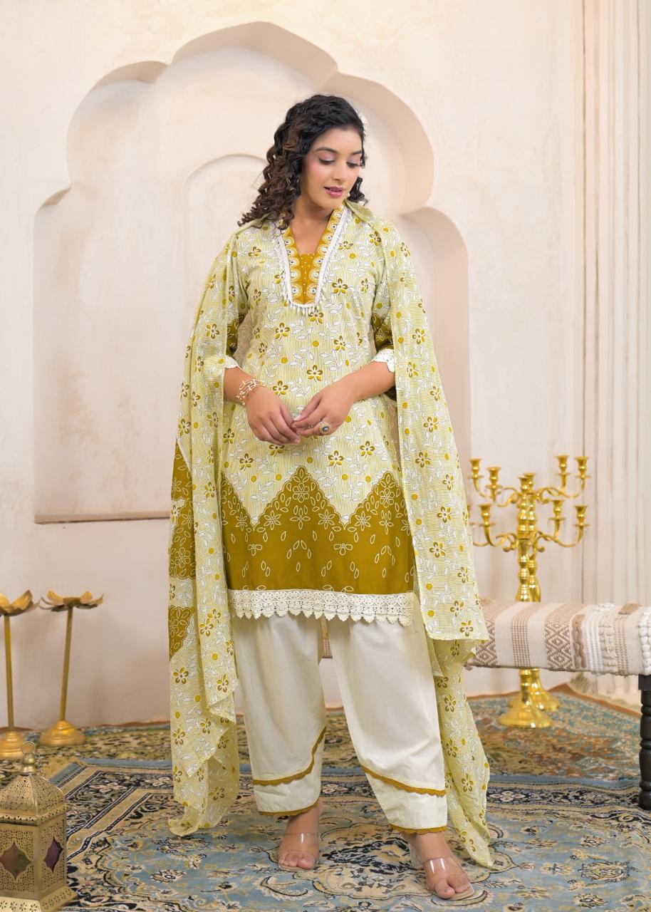 Pure Cotton Floral Print Tussle Work Party Wear Farsi Salwar 3pc Set Mustard Yellow Color