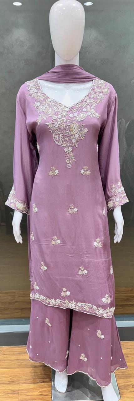 Pure Chinon Culcatta Handwork Party Wear 3pc Set Bottom Plazzo Pink Color