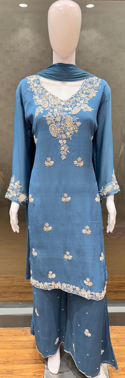 Pure Chinon Culcatta Handwork Party Wear 3pc Set Bottom Plazzo Blue Color