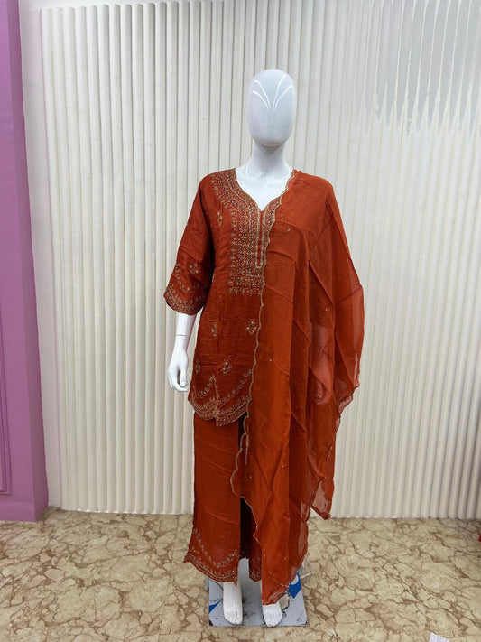 Pure Dola Silk Culcatta Handwork Party Wear 3pc Set Rust Orange Color
