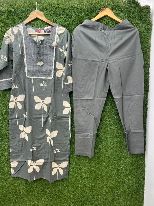 Pure Cotton Floral Print 2pc Cordset Gray Color