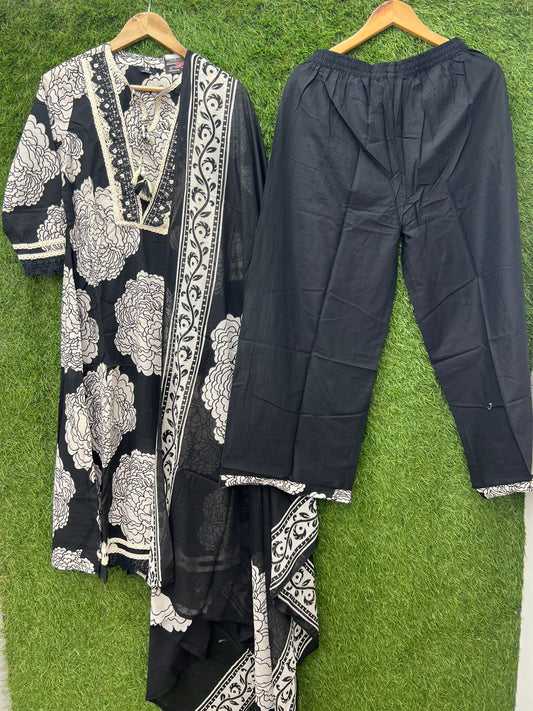 Pure Cotton Floral Print 3pc Set Black Color