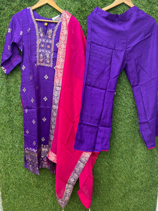 Pure Dola Silk Floral Print 3pc Set Purple Color