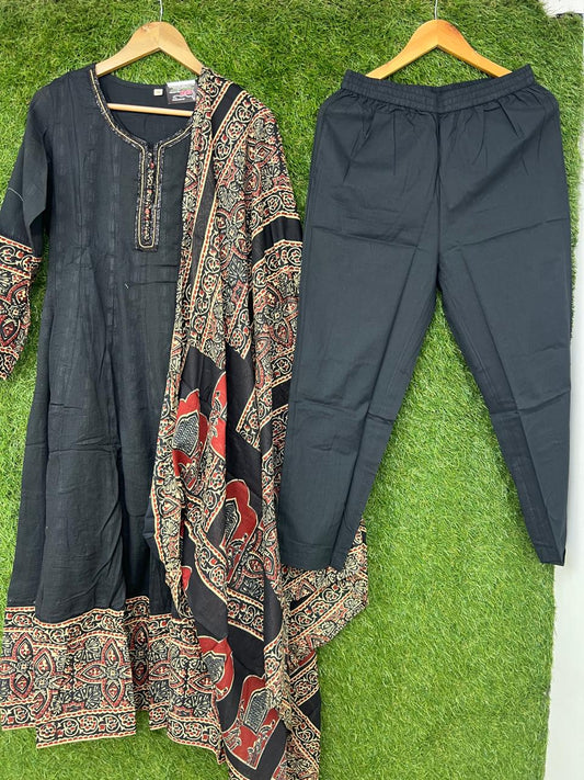 Pure Cotton Anarkali 3pc Set Black Color