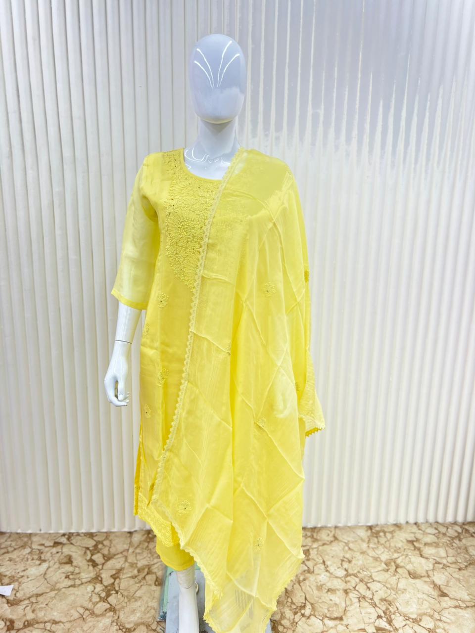 Pure Viscoce Organza Katha Work Party Wear 3pc Set Light Yellow Color