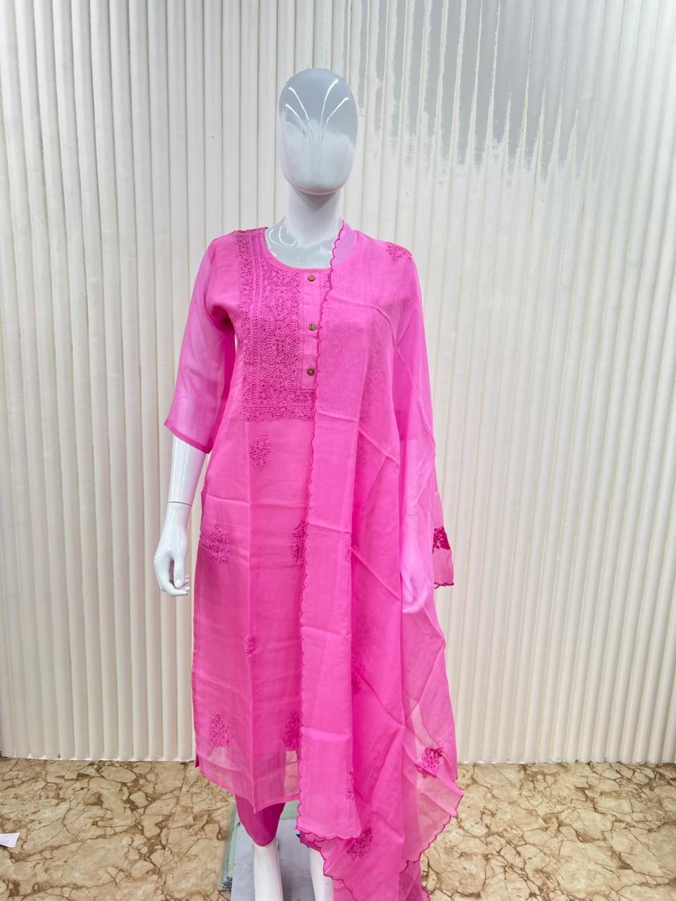 Pure Viscoce Organza Katha Work Party Wear 3pc Set Pink Color