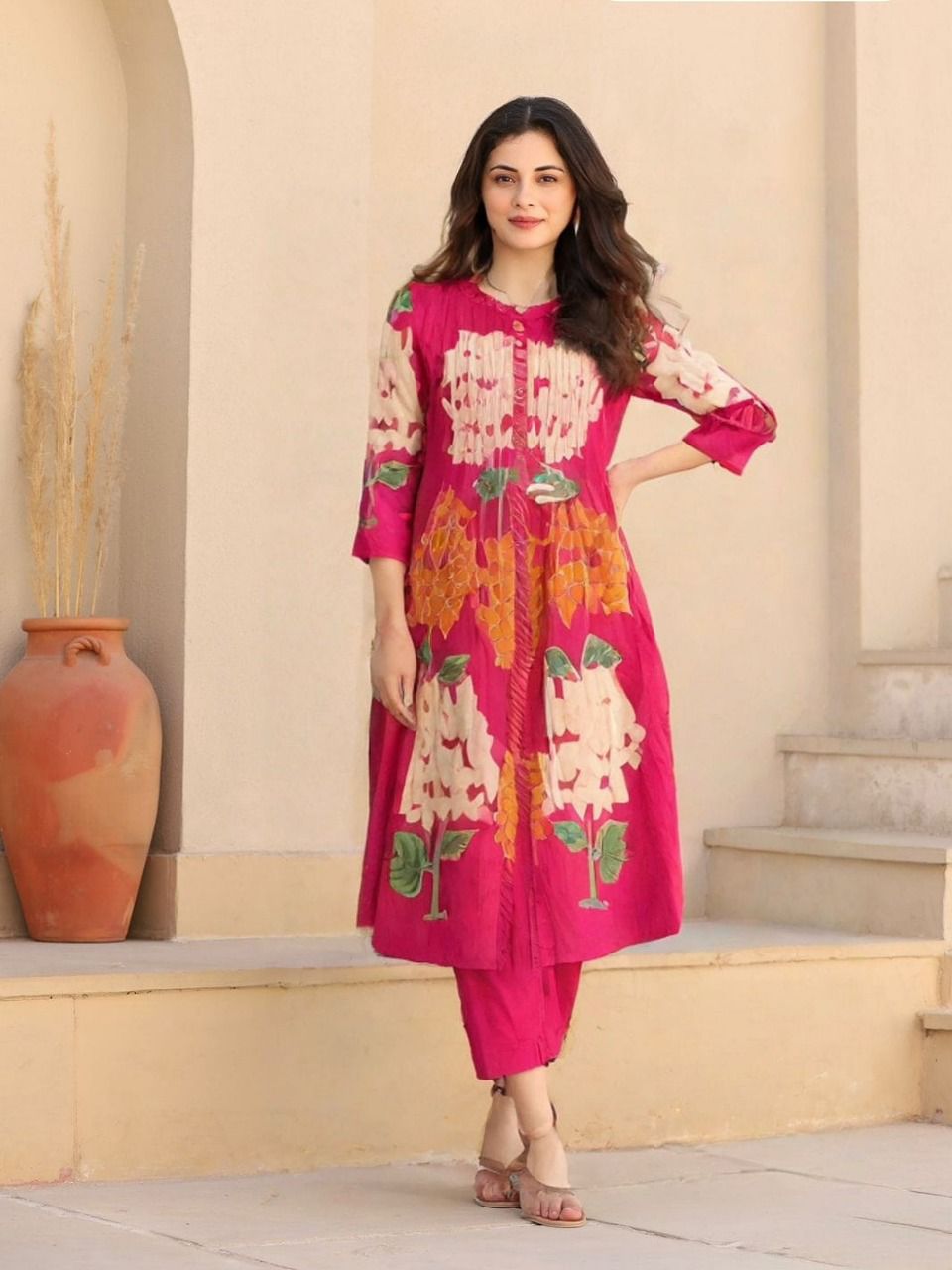 Pure Mull Cotton Floral Print 3pc Set Carrot Pink Color