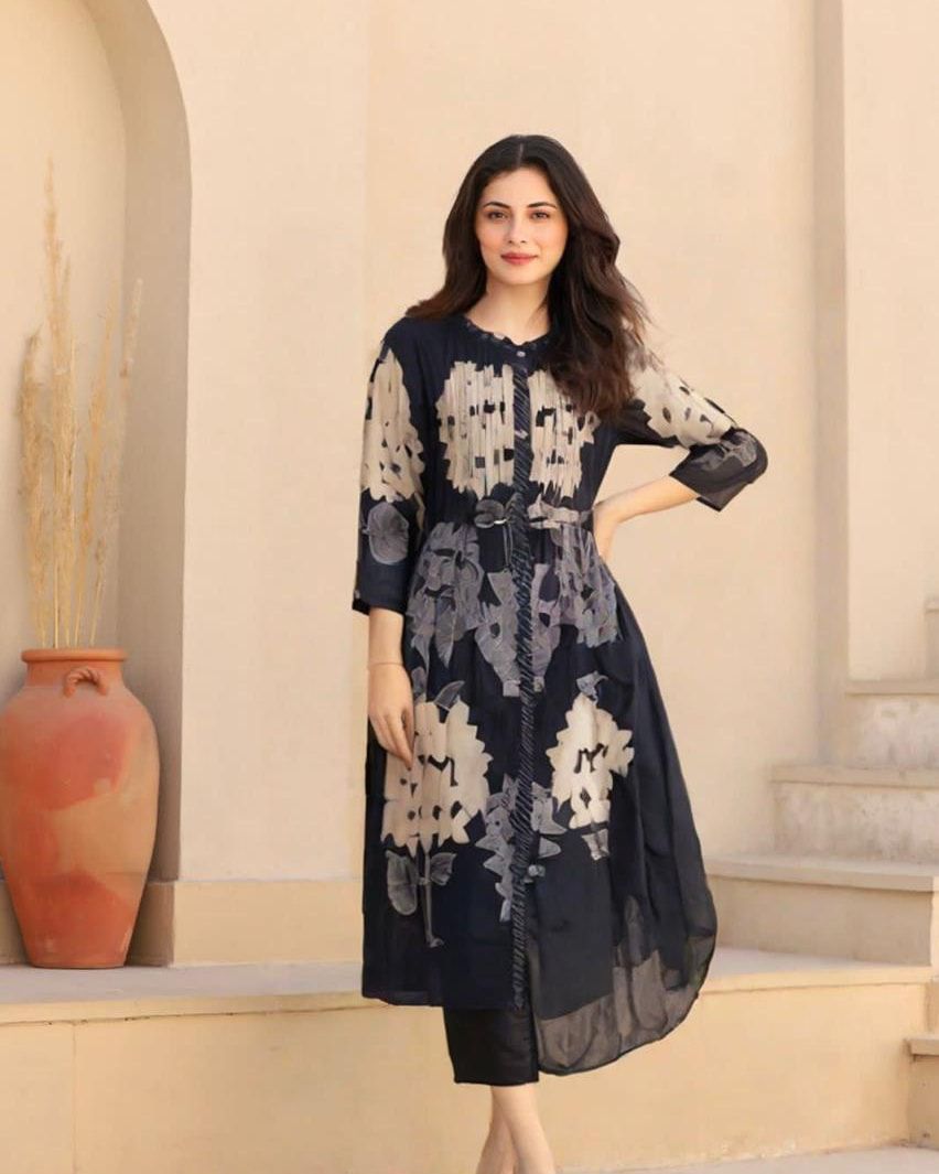 Pure Mull Cotton Floral Print 2pc Set Dark Navy Blue Color