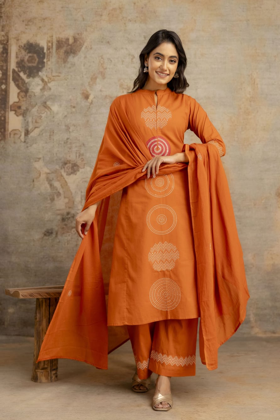 Pure Sily Cotton Detailing Work 3pc Set Rust Orange Color