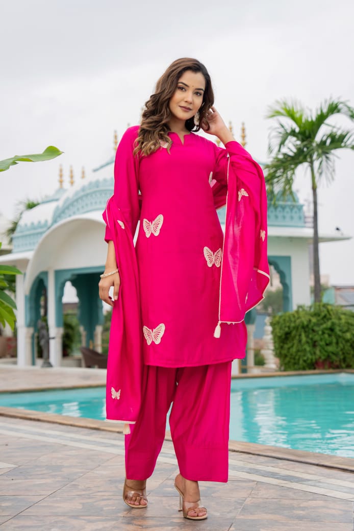 Pure Surat Mull Chanderi Pearl Handwork Party Wear Farsi Salwar 3pc Set Rani Pink Color