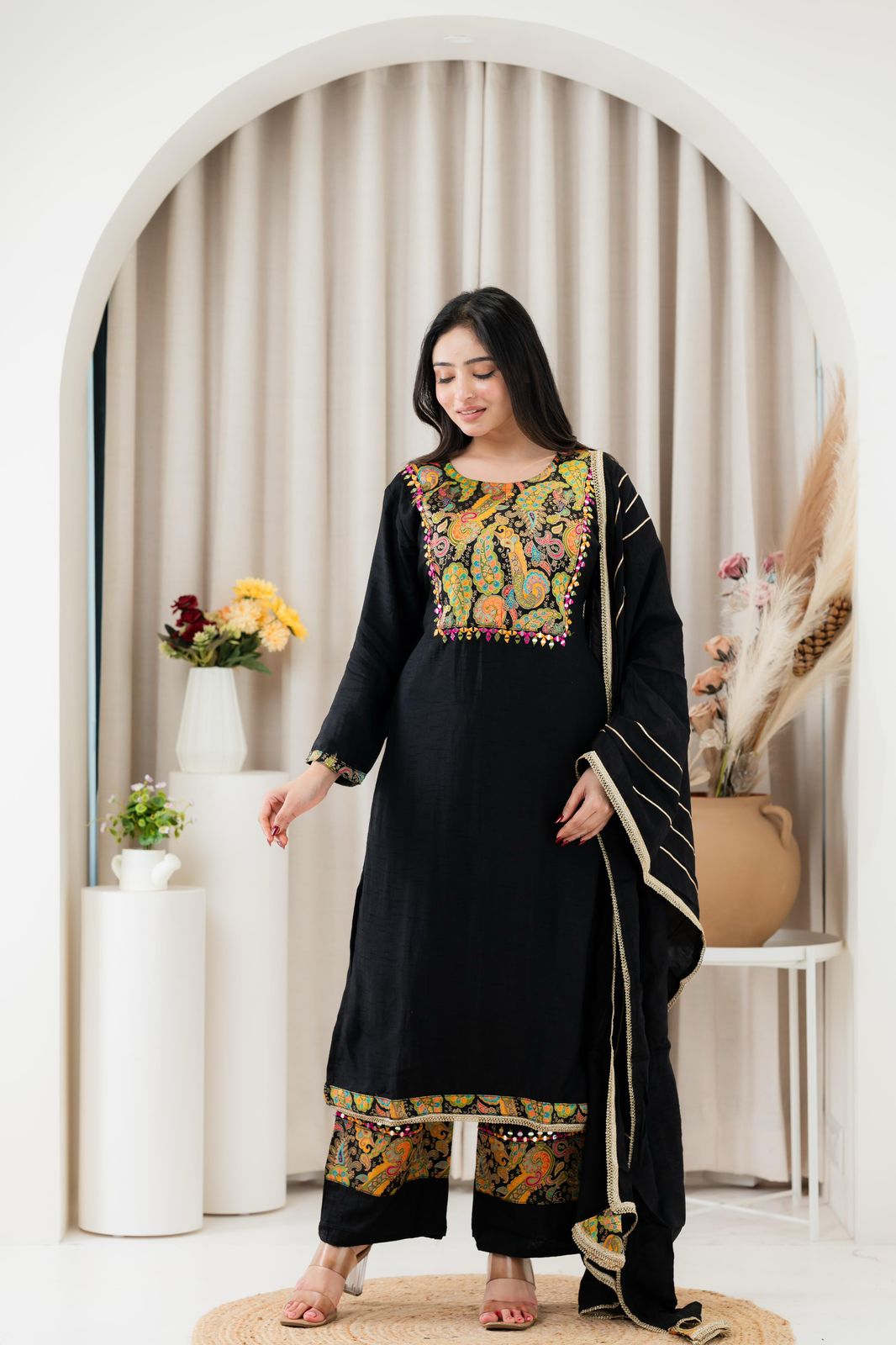 Pure Dola Silk Real Mirror Work Party Wear Designer 3pc Set Black Color