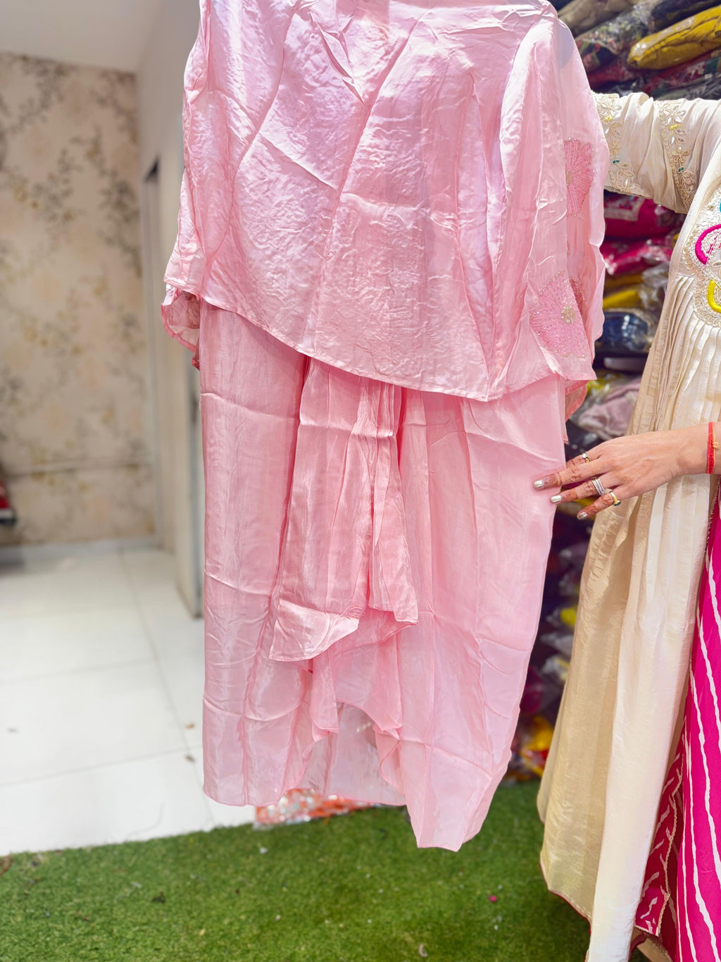 Pure Natural Crep Cutdana Handwork Party Wear 3pc Set Baby Pink Color