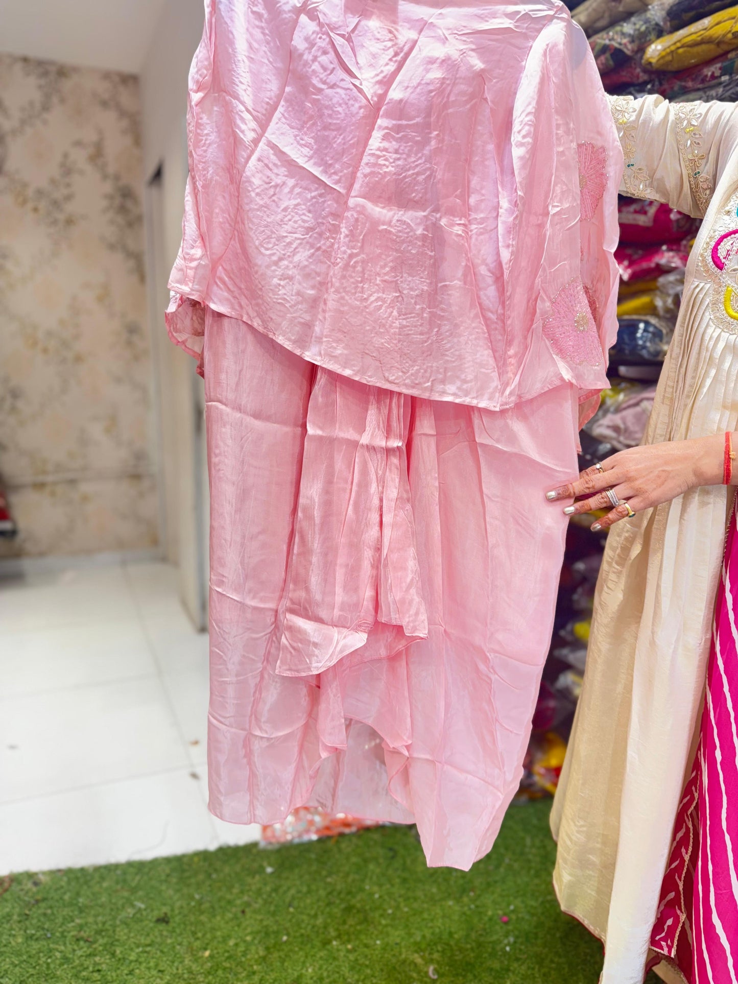 Pure Natural Crep Cutdana Handwork Party Wear 3pc Set Baby Pink Color