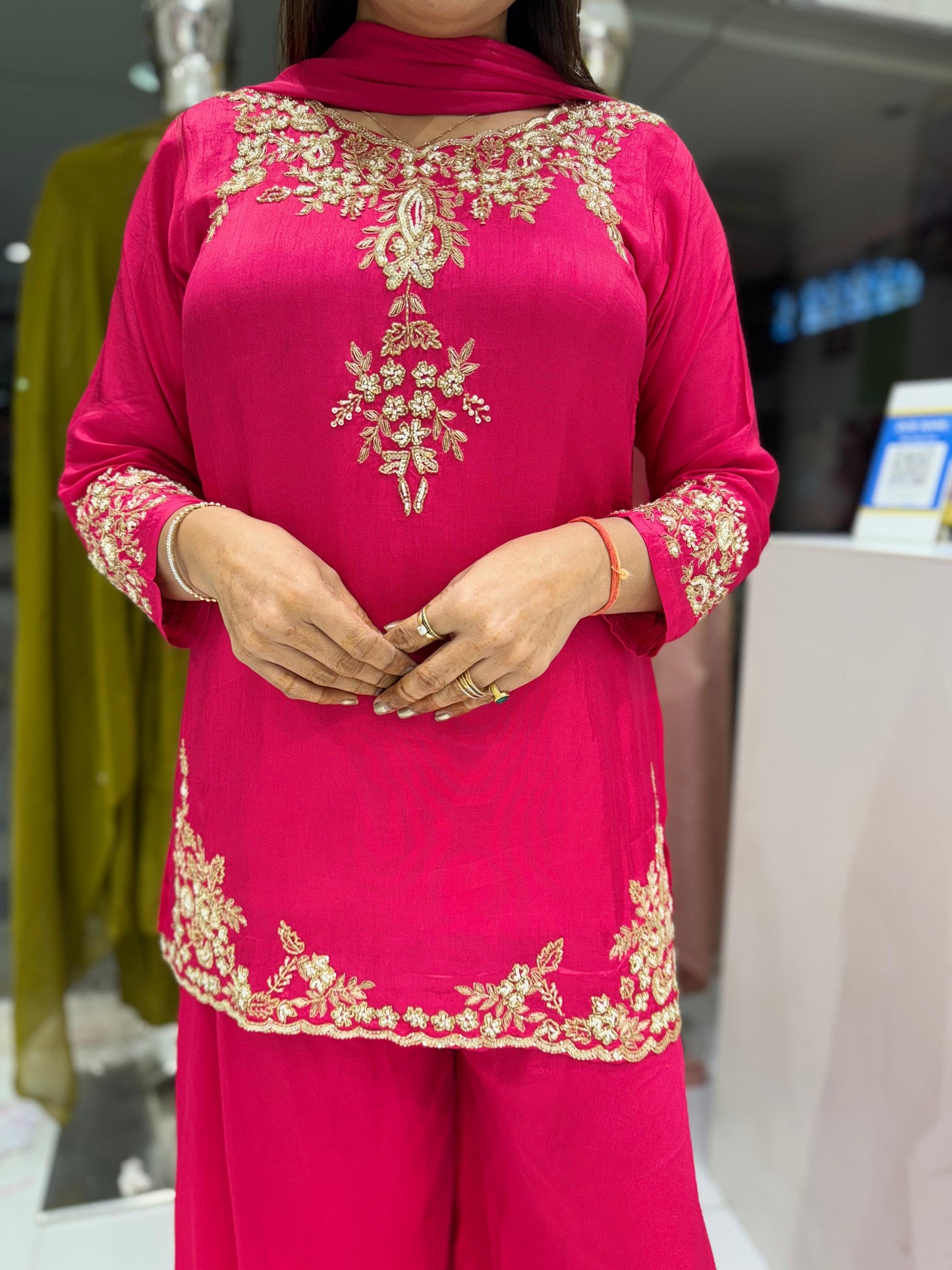 Pure Chinon Culcatta Hand Pearl Work Party Wear 3pc Set Pink Color