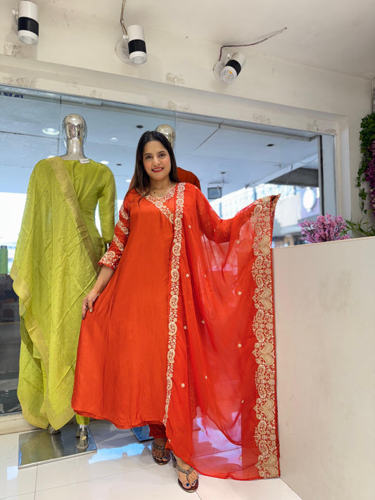 Pure Dola Silk Angrakha Anarkali Festive Wear 3pc Suit Orange Color