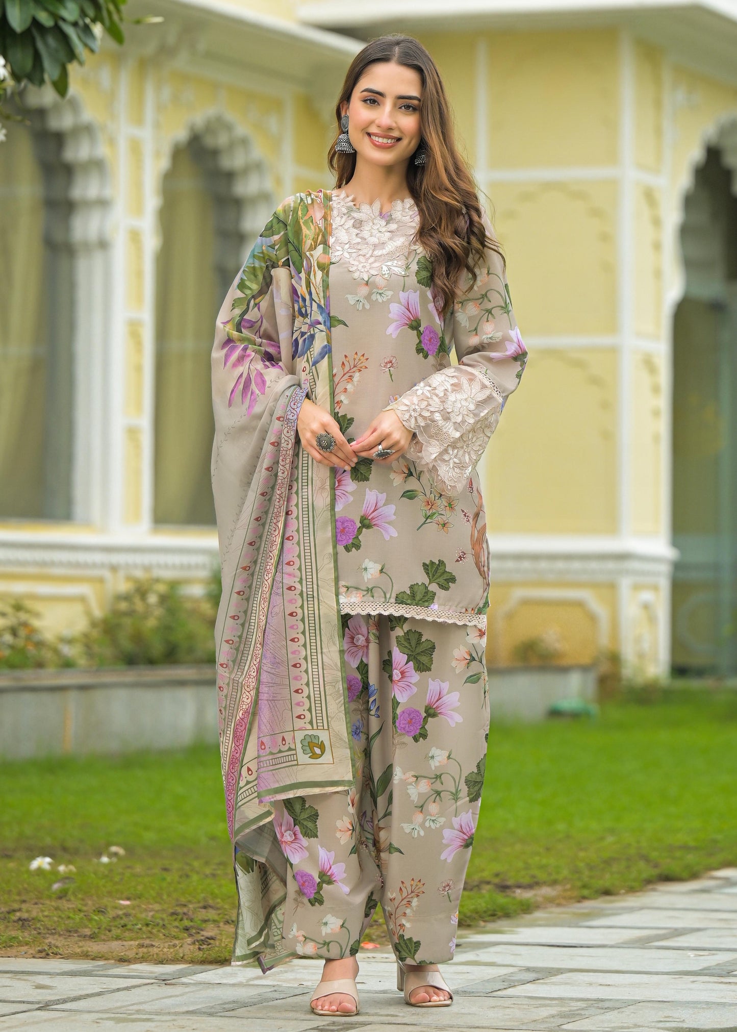 Pure Muslin Cotton Applique Work Digital Print Farsi Salwar Pakistani Style 3pc Set Beige Color