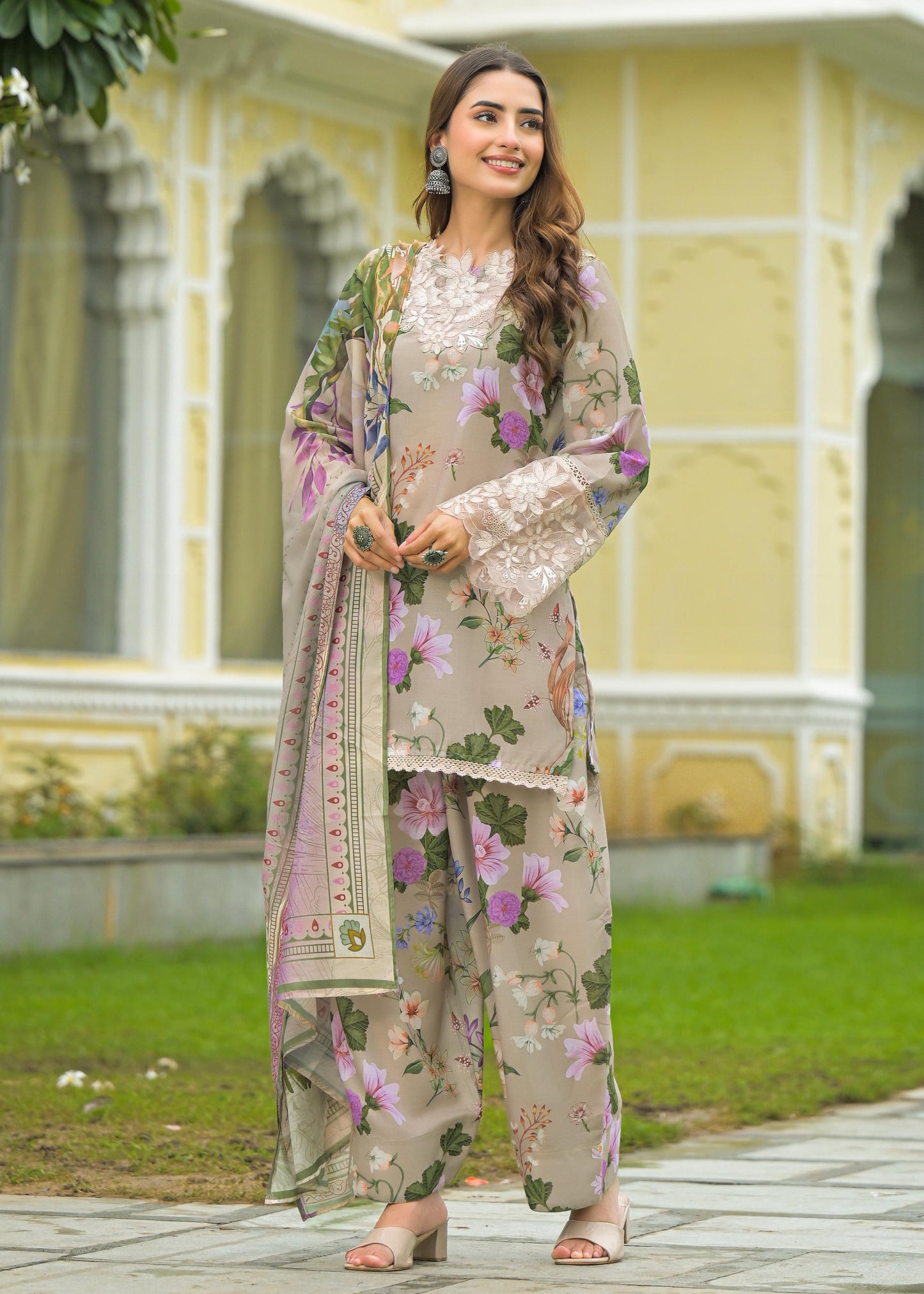 Pure Muslin Cotton Applique Work Digital Print Farsi Salwar Pakistani Style 3pc Set Beige Color