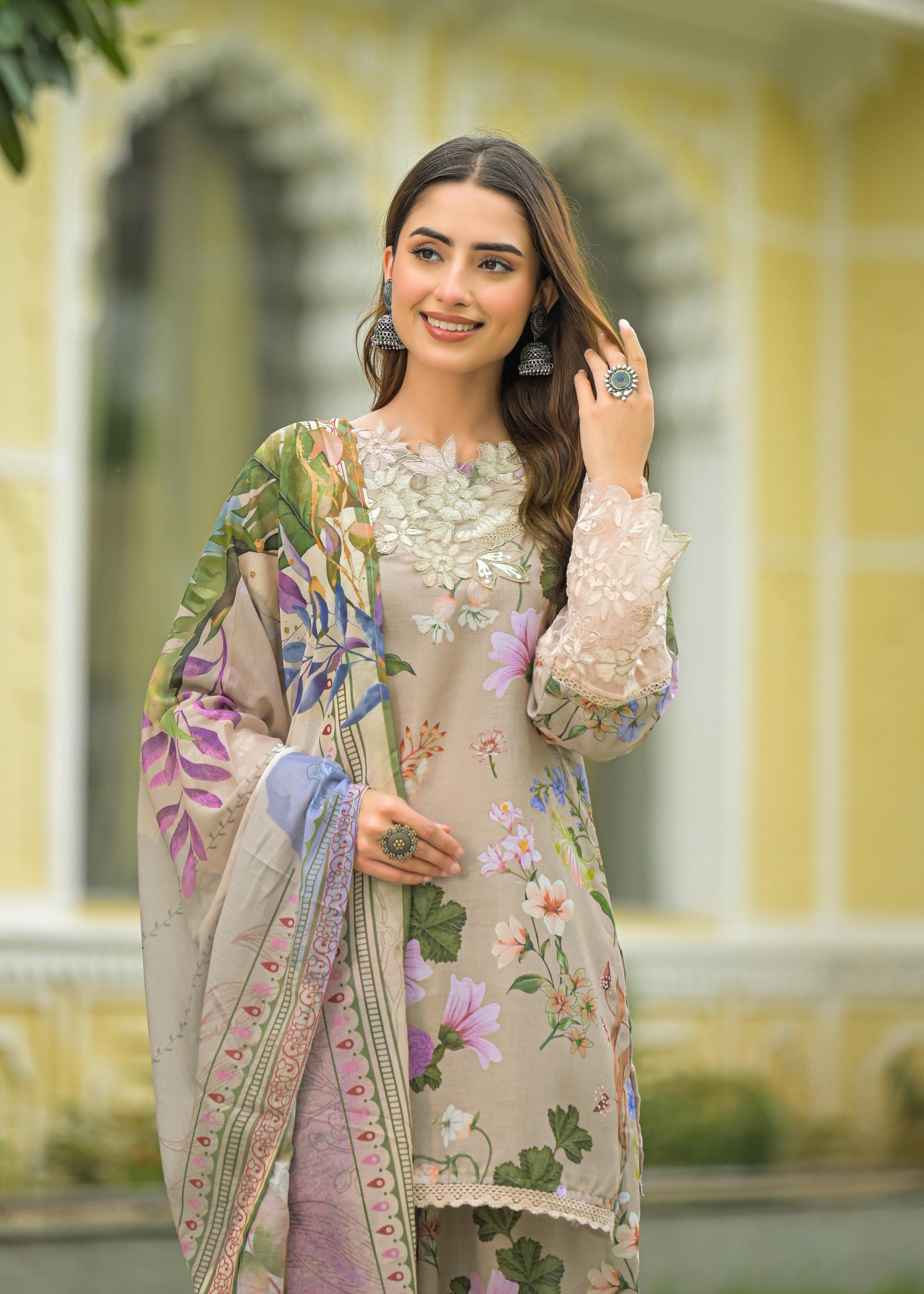 Pure Muslin Cotton Applique Work Digital Print Farsi Salwar Pakistani Style 3pc Set Beige Color