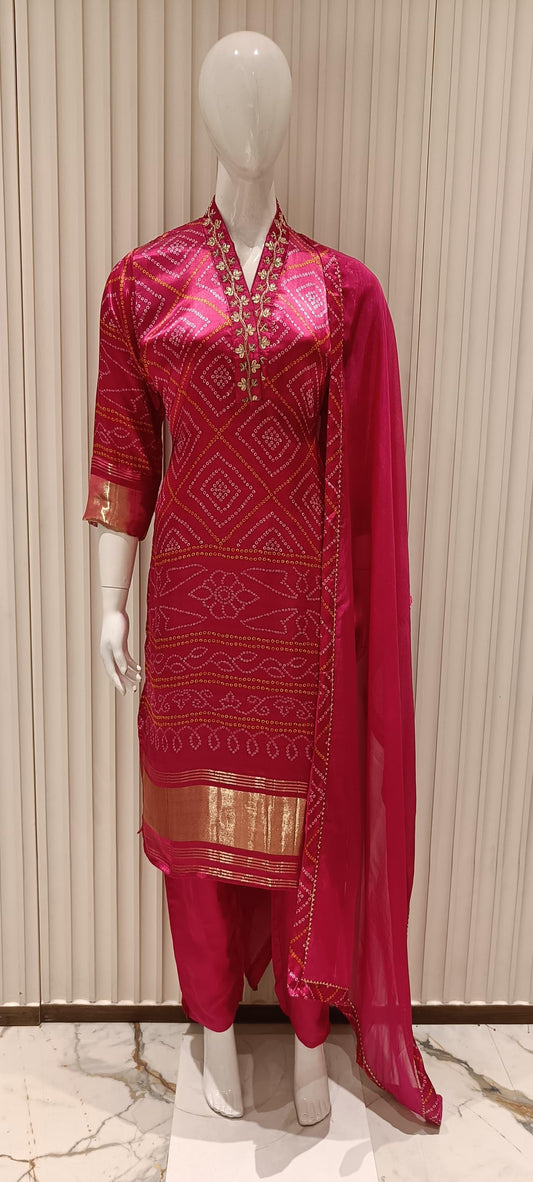 Pure Satin Gaji Silk Lagadi Patta Bandhej Print 3pc Set Red Color