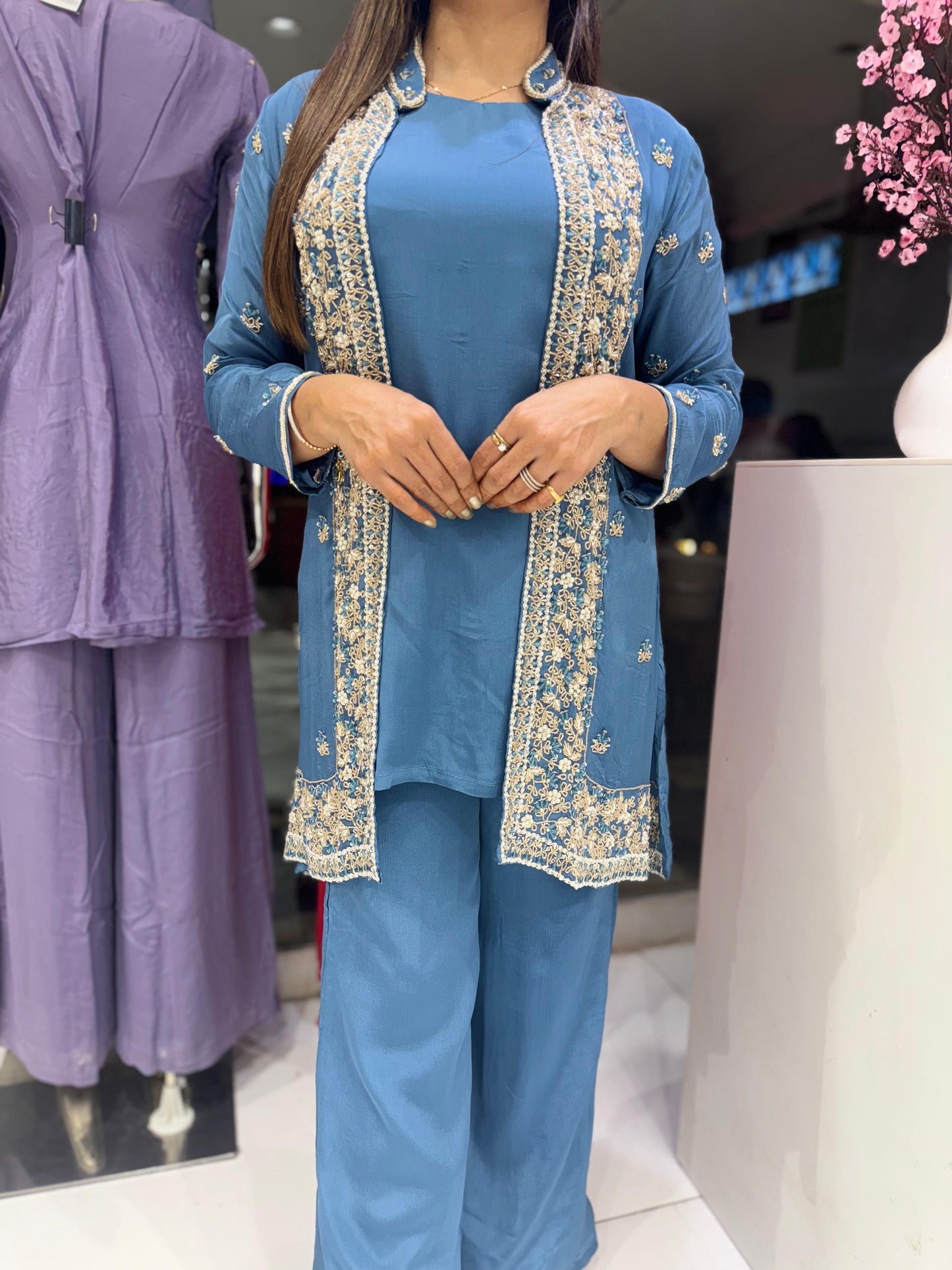 Pure Chinon Pearl Handwork Work Festival Wear 3pc Set Teal Blue Color