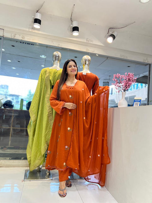 Pure Mull Cotton Anarkali embroidery work 3pc Set Rust Orange Color