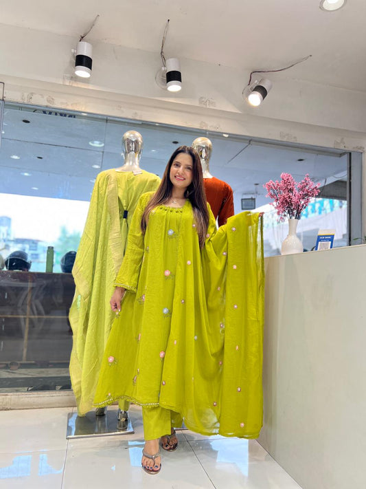 Pure Mull Cotton Anarkali embroidery work 3pc Set green color