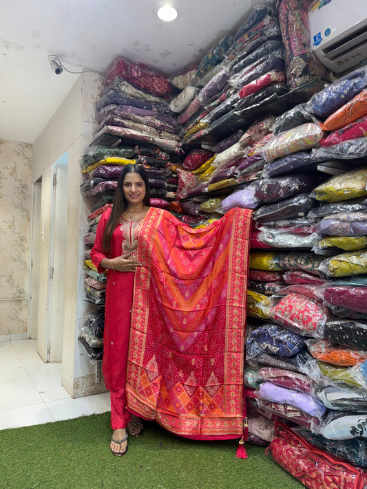 Pure Russian Silk Pittan Work 3pc Set Red Color