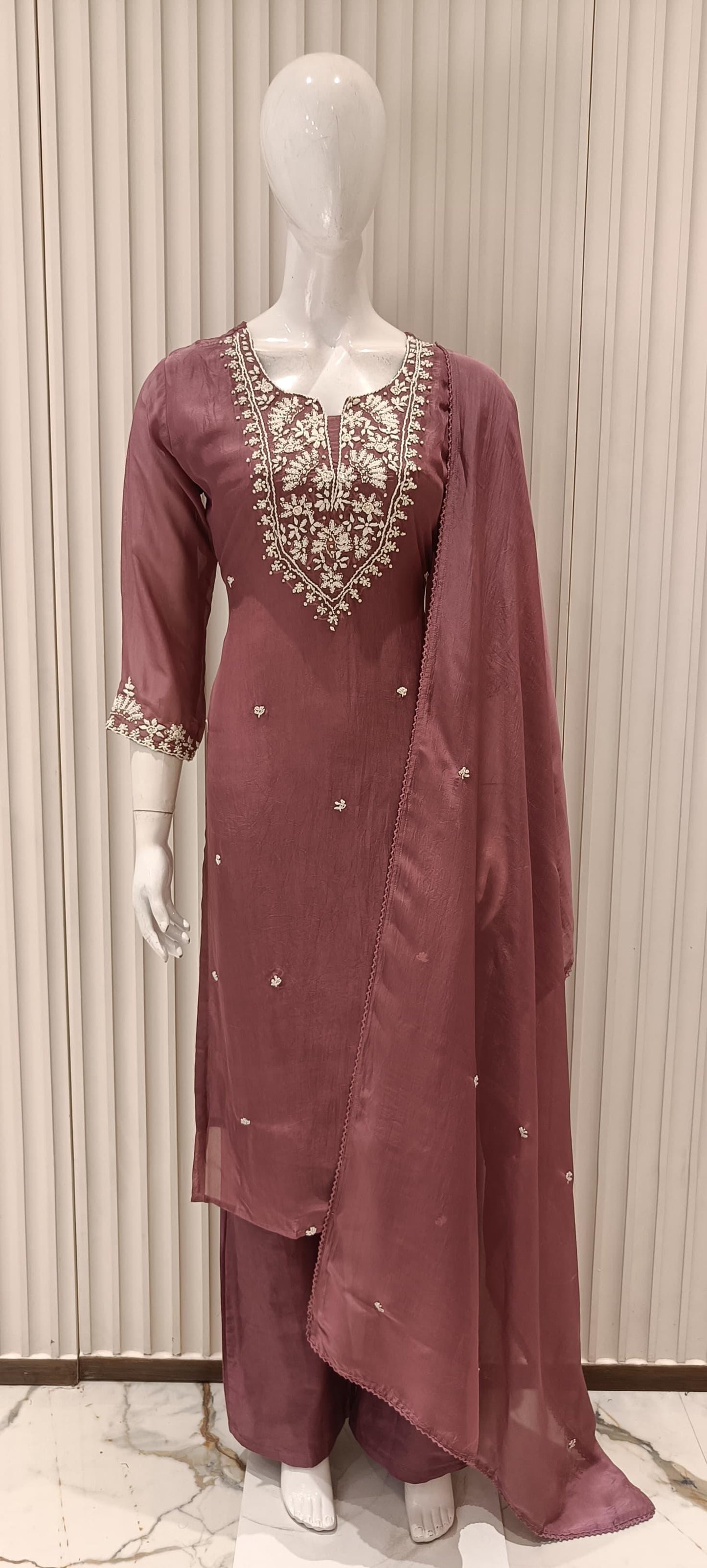 Pure Viscoce Organza Katha Work Party Wear 3pc Set Light Lavender Color