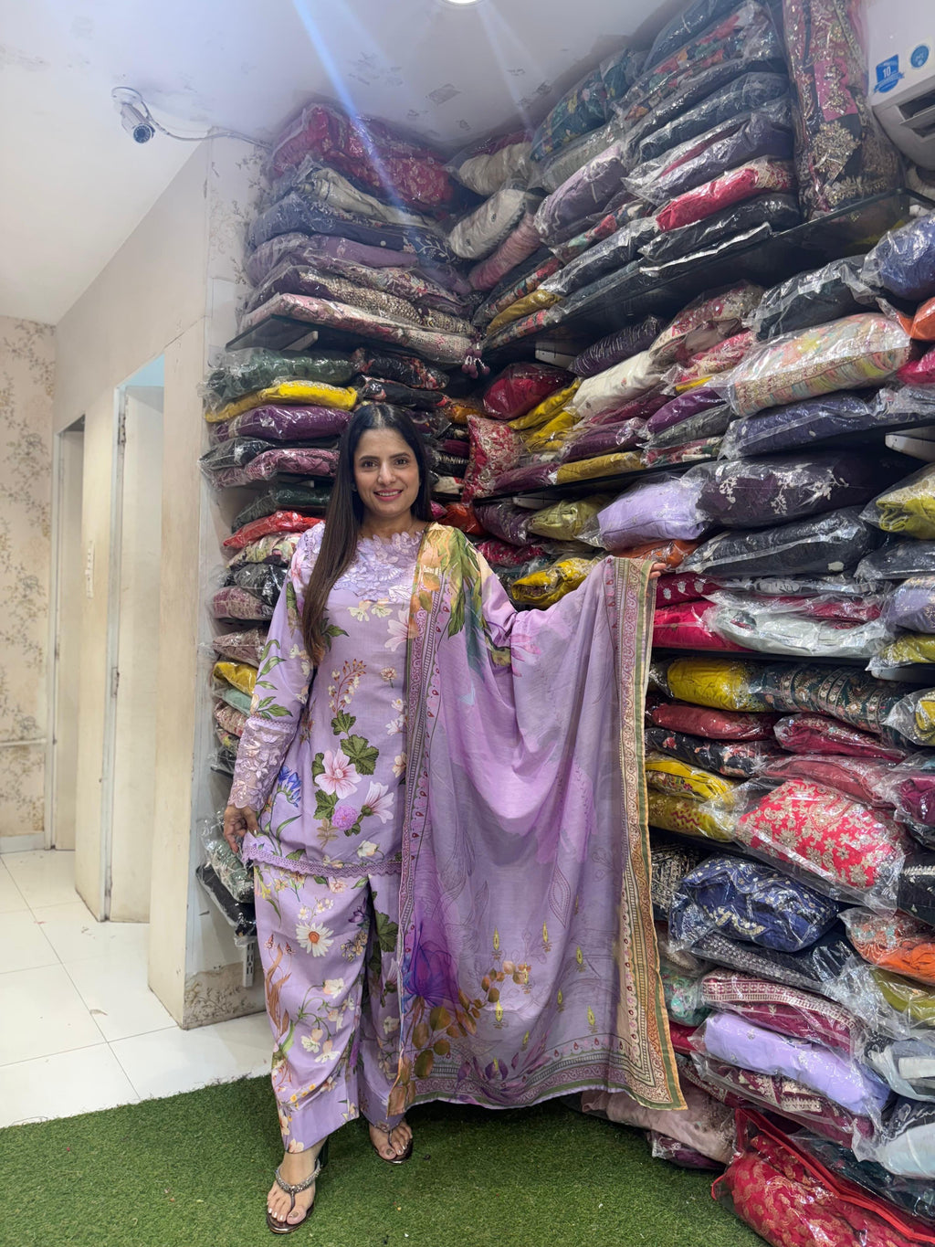 Pure Muslin Cotton Applique Work Digital Print Farsi Salwar Pakistani Style 3pc Set Purple Color