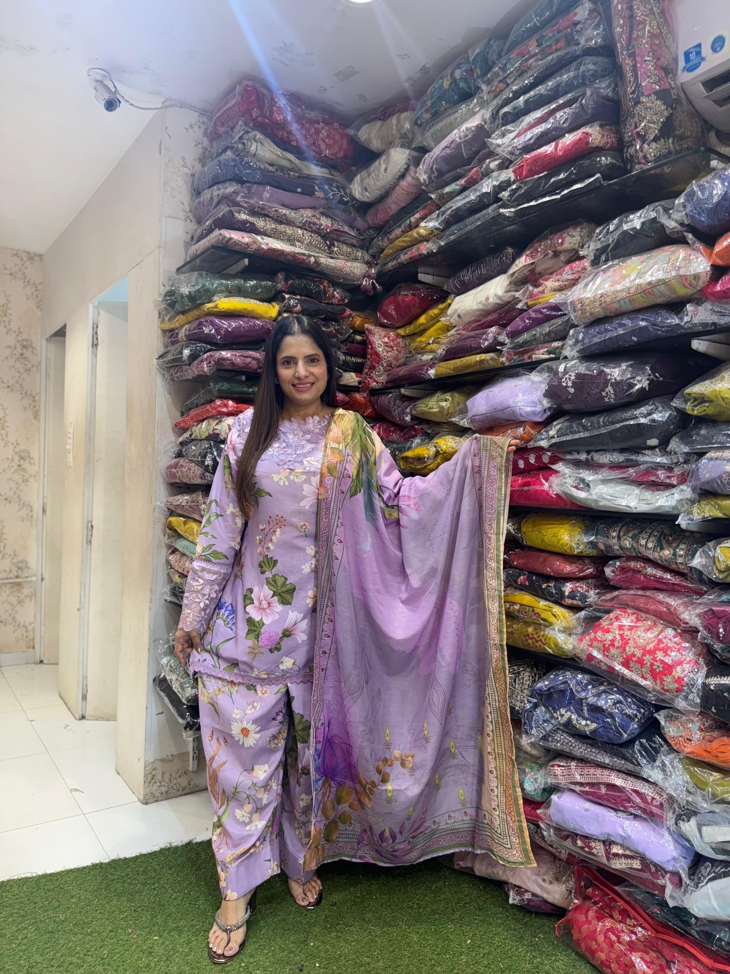 Pure Muslin Cotton Applique Work Digital Print Farsi Salwar Pakistani Style 3pc Set Purple Color