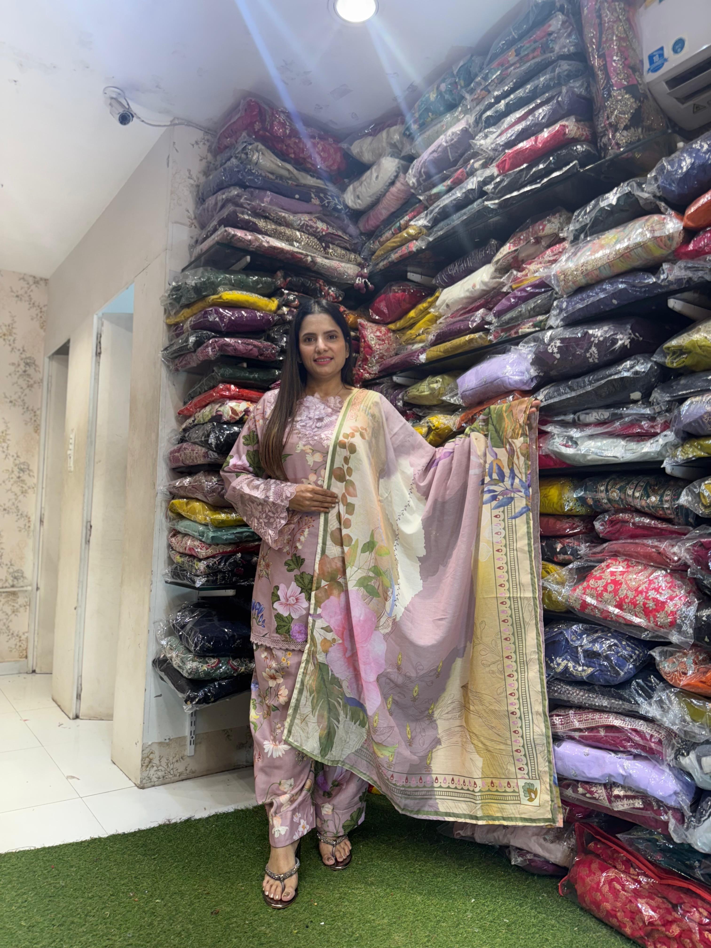 Pure Muslin Cotton Applique Work Digital Print Farsi Salwar Pakistani Style 3pc Set Light Purple Color
