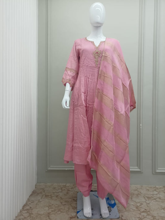 Pure Russian Silk Hand Work Party Wear Anarkali 3pc Set Pink Color