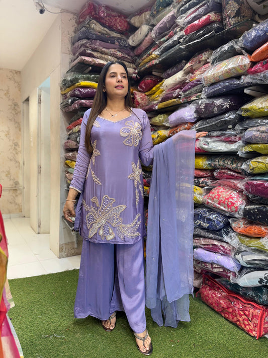 Pure Chinon Pearl Handwork Party Wear 3pc Set Light Purple Color