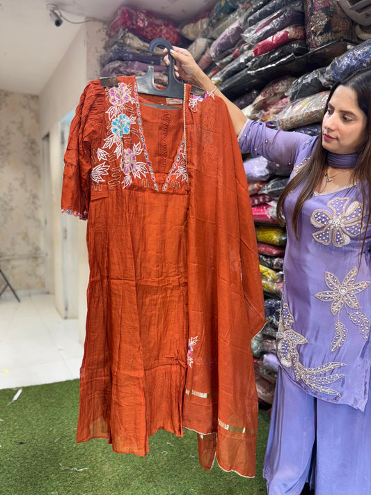 Pure Mull Chanderi Detailing Hand Work Party Wear Anarkali 3pc Set Rust Orange Color