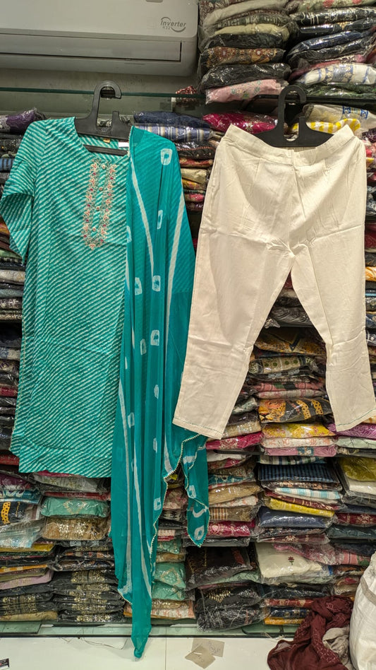 Pure Cotton 3pc Set Peetan Jari handwork Bandhej Leheriya print green Color