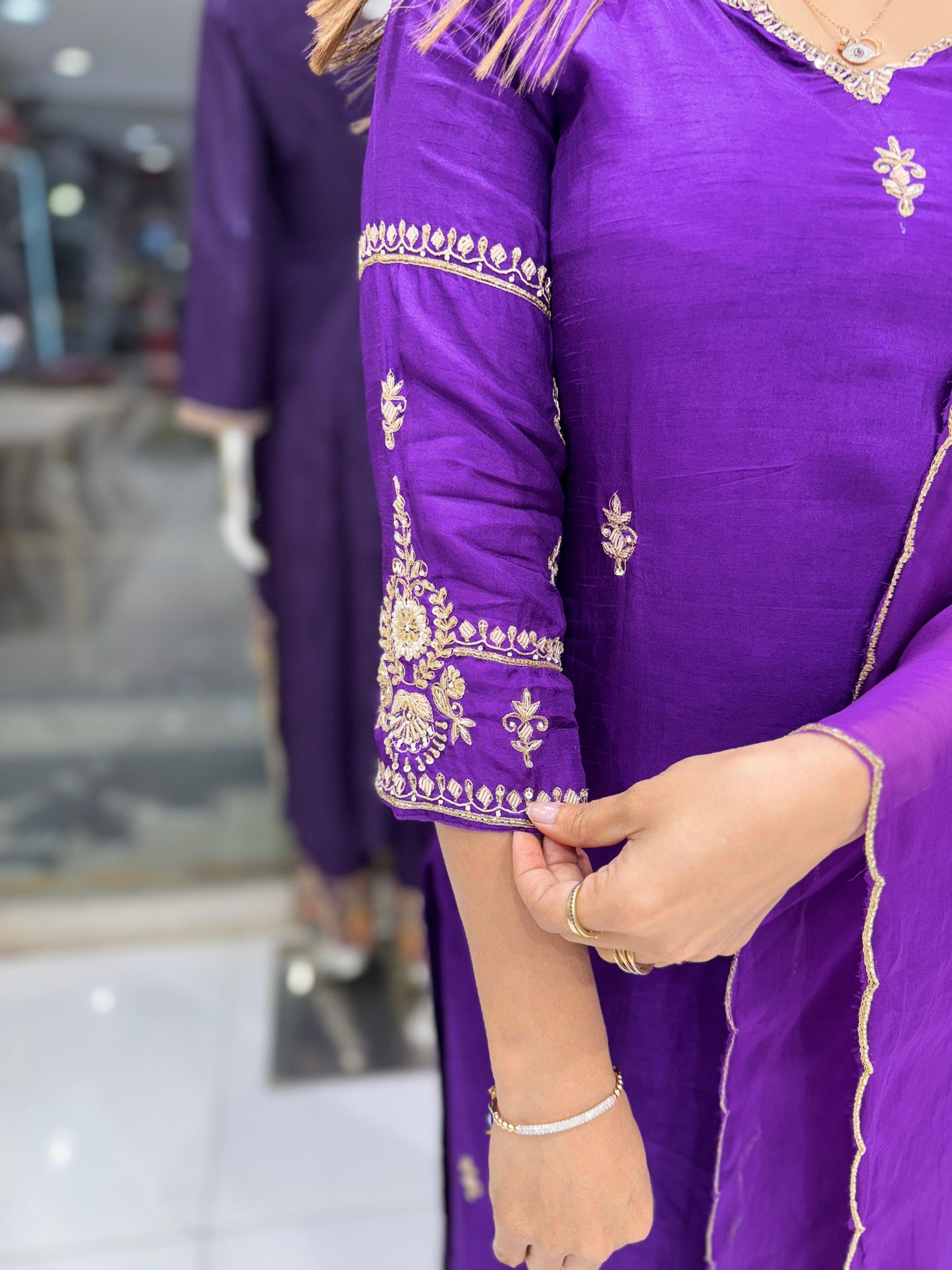 Pure Dola Silk Detailing Work Party Wear 3pc Set Madhuri Purple Color