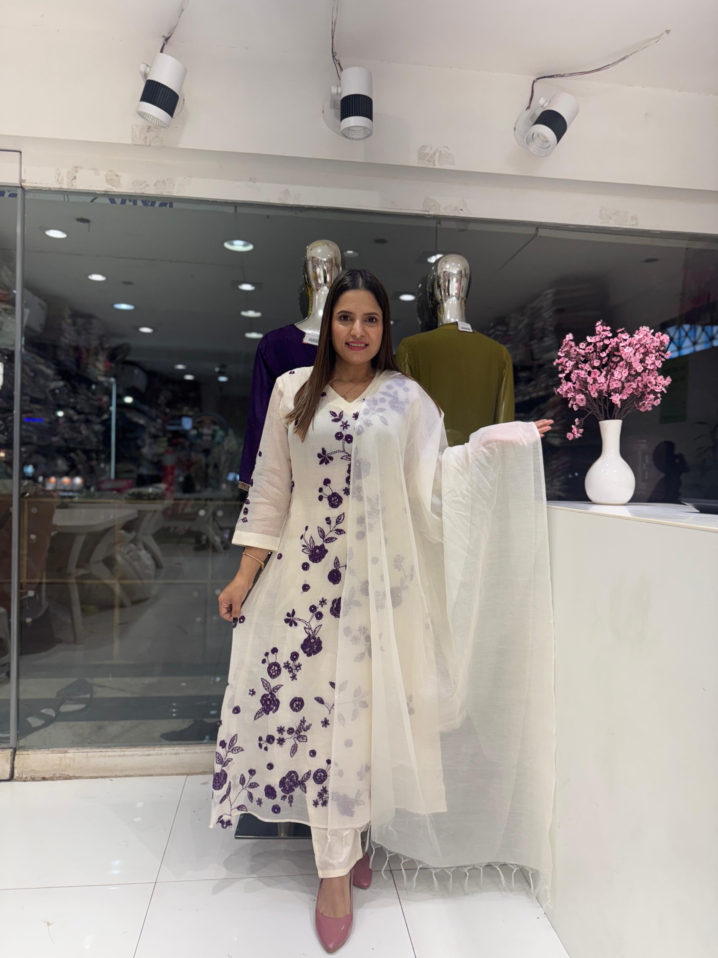 Pure Banaras Mull Chanderi Katha Work Party Wear 3pc Set Off White and Purple Color
